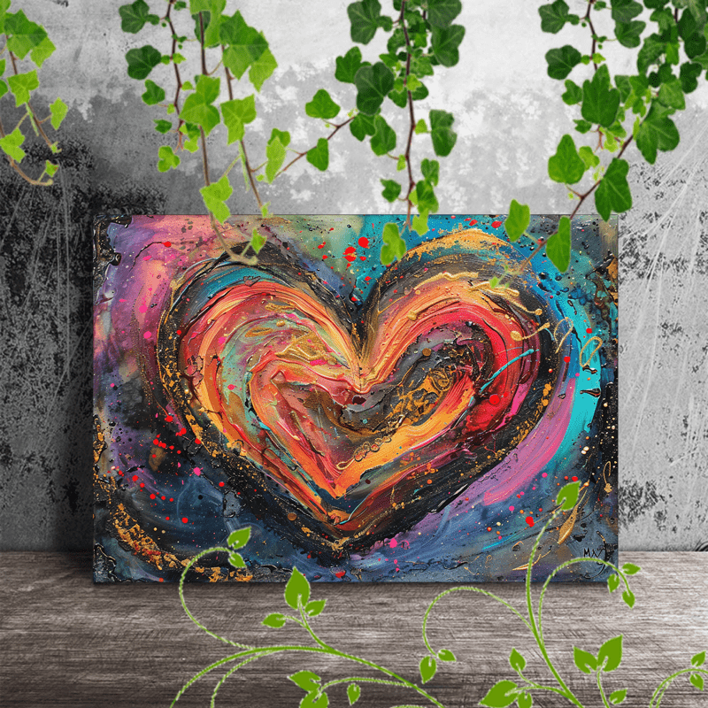 

1pc Wooden Framed Canvas Painting Abstract Heart, Vibrant Colors, Swirling Patterns, Golden Accents, Emotional Expression, Dynamic Composition