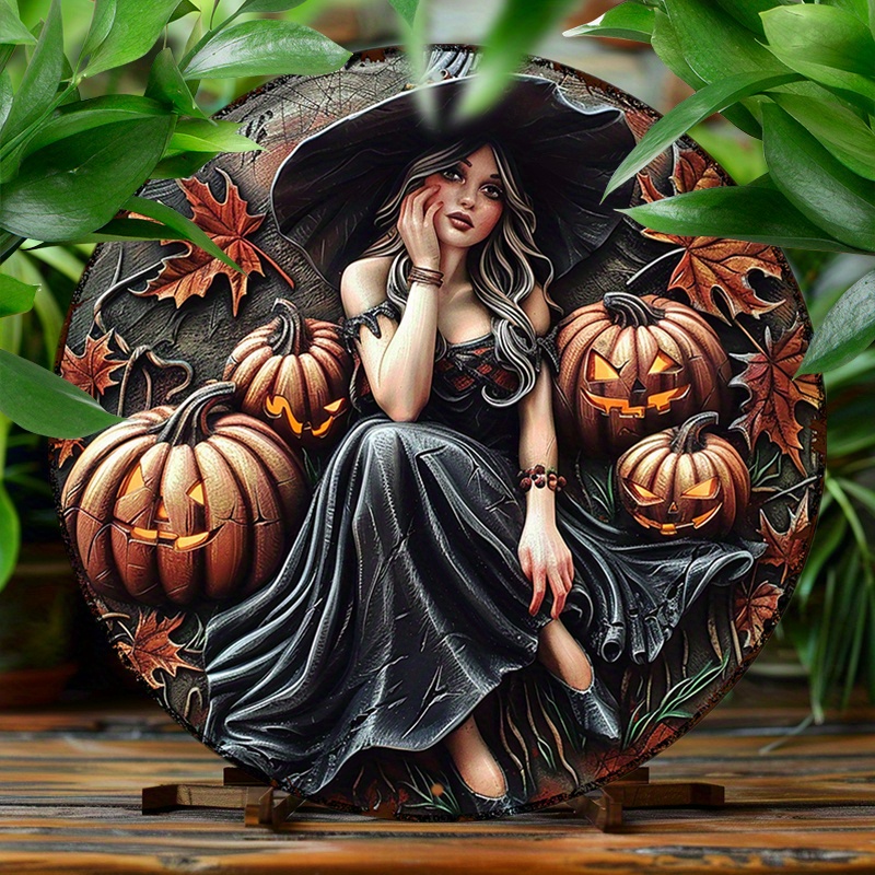 

Vintage Witch & Pumpkins 8x8" Round Aluminum Sign - Durable Metal Wall Art For Kitchen, Office, Cafe Decor