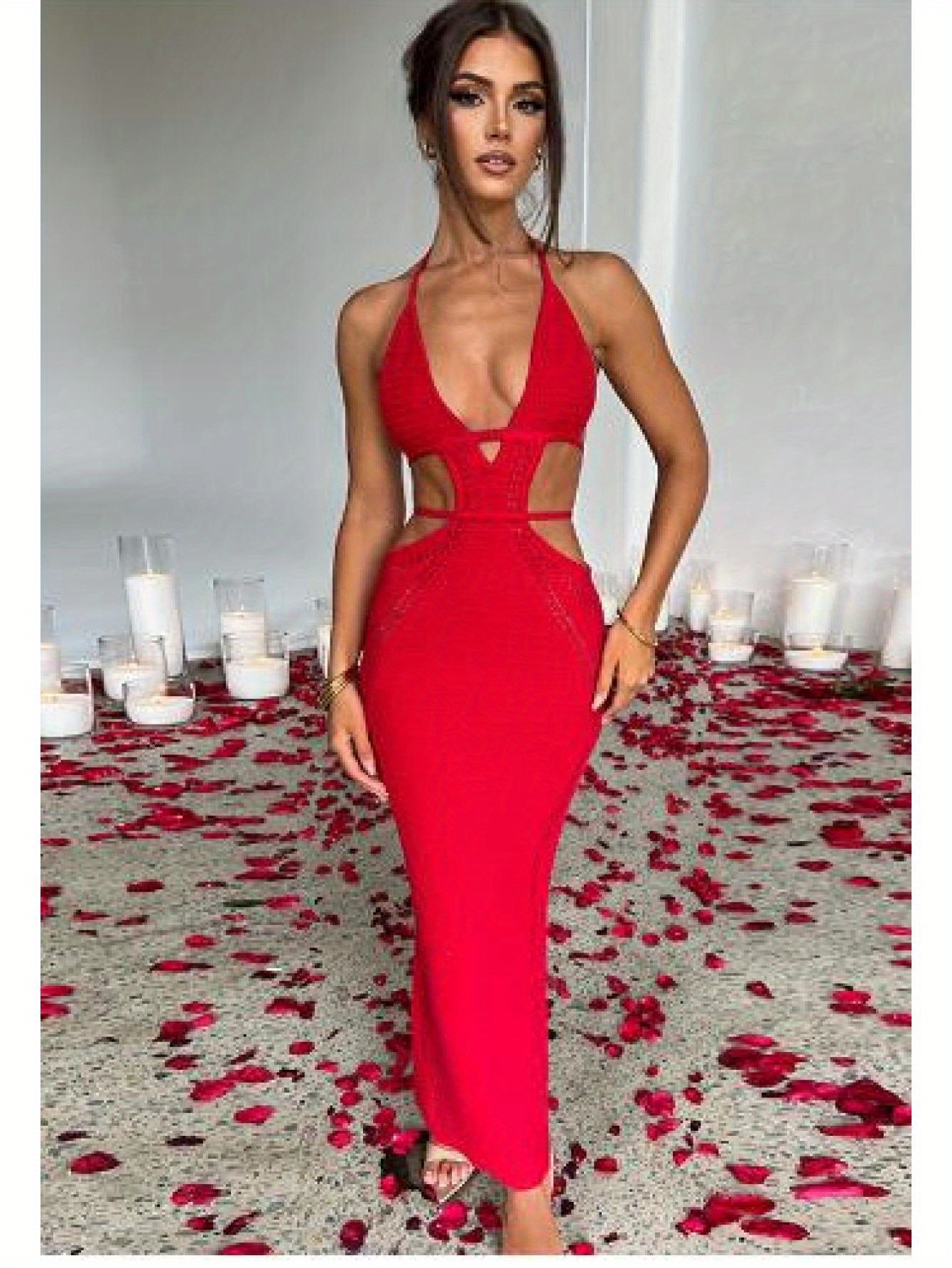 elegant women's v-neck beach hollow-out dress. high-slit tank dress -  women's clothing - Temu