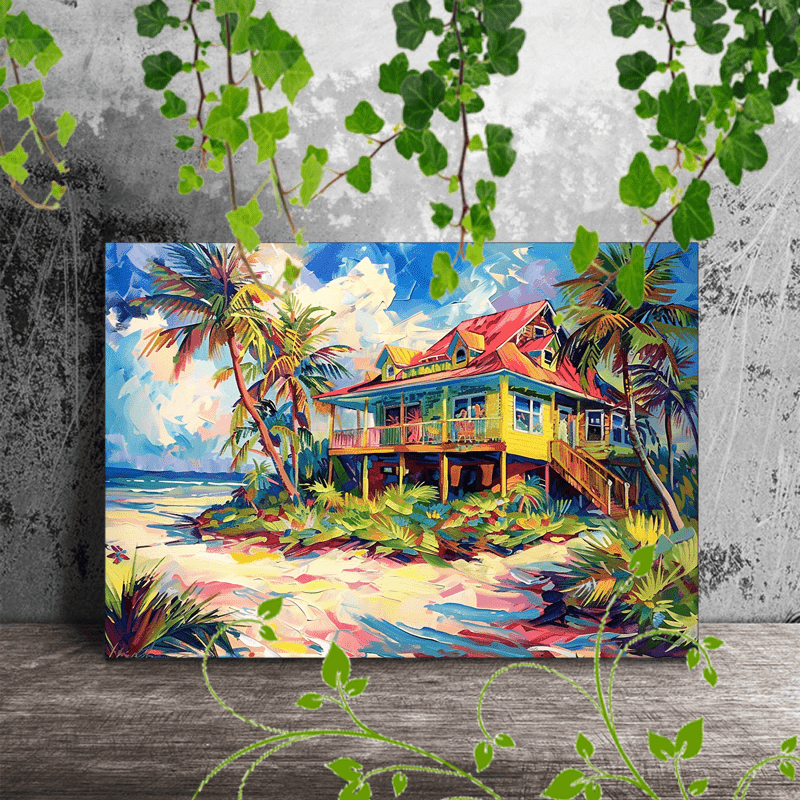 

1pc Wooden Framed Canvas Painting Artwork Very Suitable For Office Corridor Home Living Room Decoration Tropical Beach House, Palm Trees, Shore, Vibrant Colors, Coastal Scene