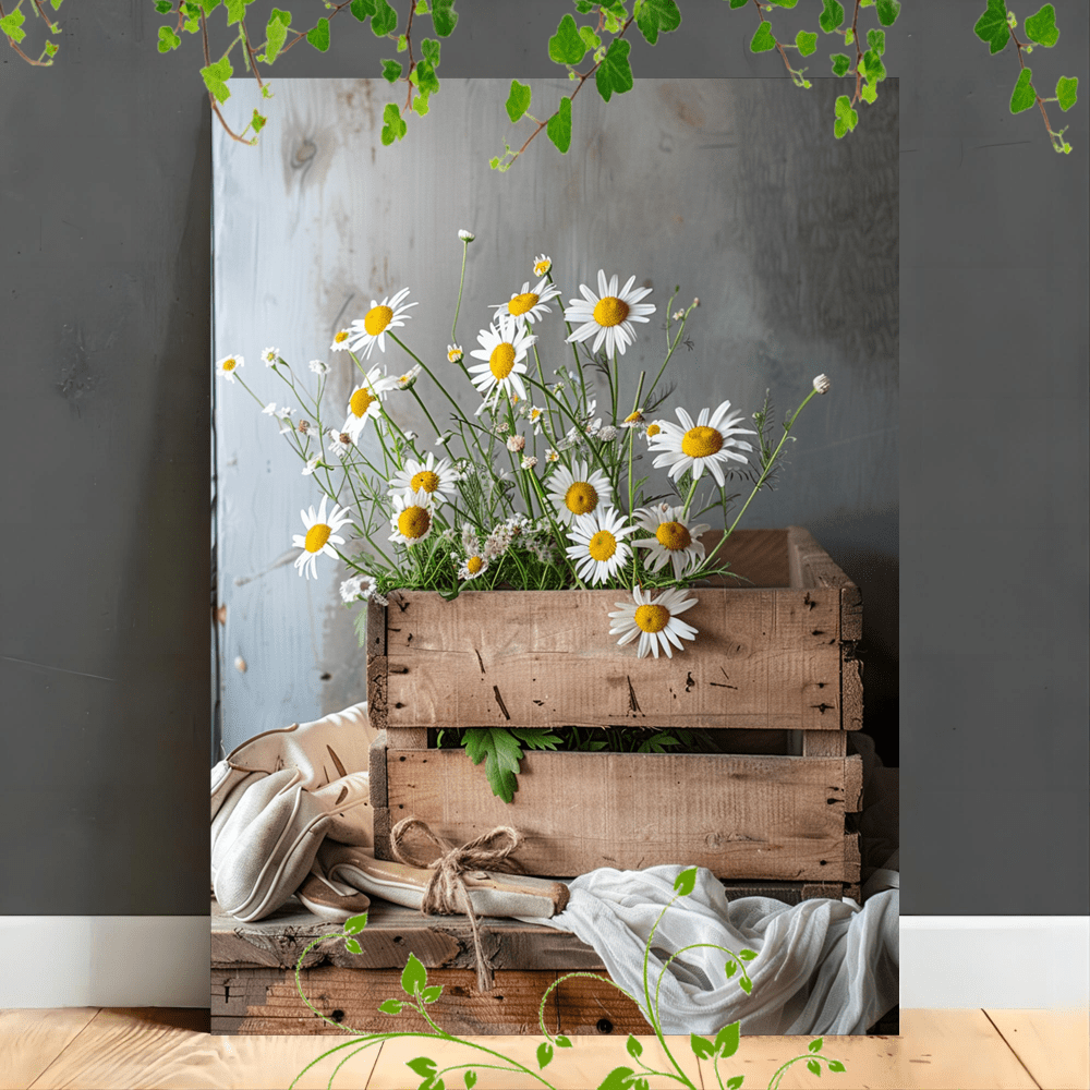 

1pc Wooden Framed Canvas Painting Wooden Crate, Daisies, Queen Anne's Lace, Wildflowers, Gardening Gloves, Scissors, Bees, Rustic Table, Neutral Background (1)