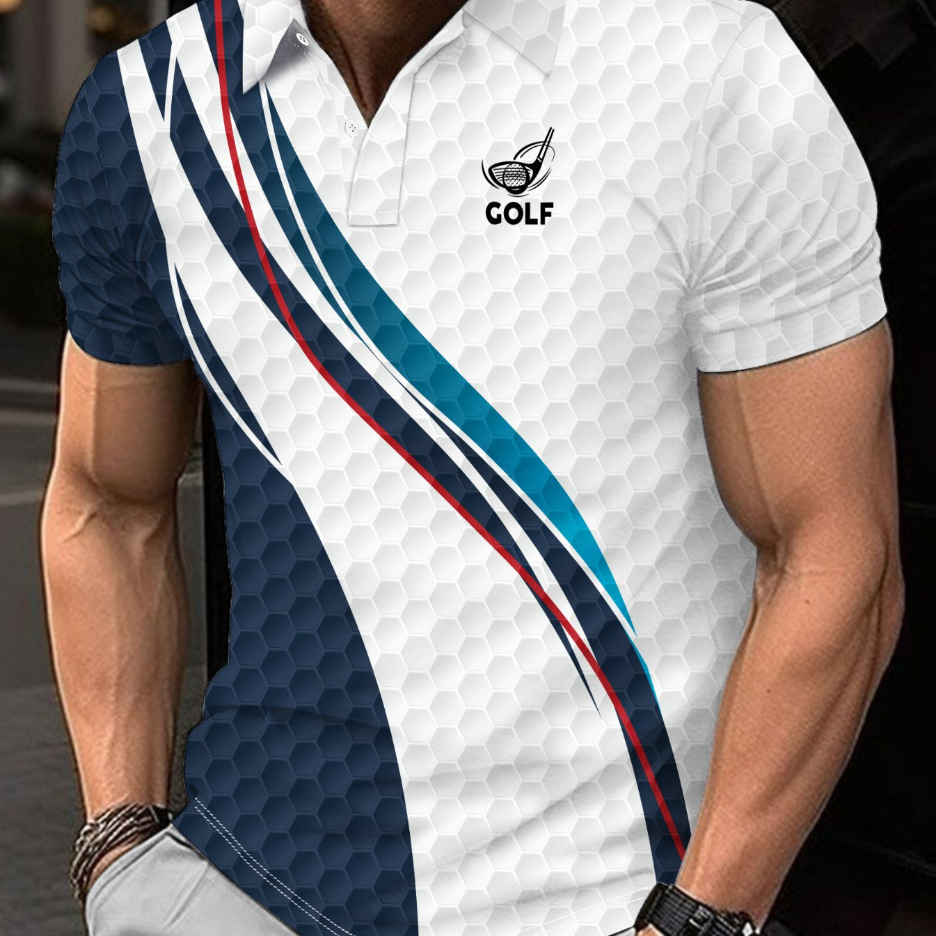 

Chemise à manches courtes pour homme, motif géométrique imprimé, chemise de golf décontractée, coupe confortable pour le sport d'été et les sorties décontractées