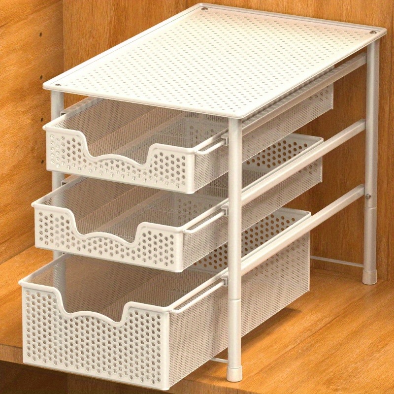 

Stackable 3 Tier Sliding Basket Organizer Drawer, White No Drilling Required Stacked Design Portable