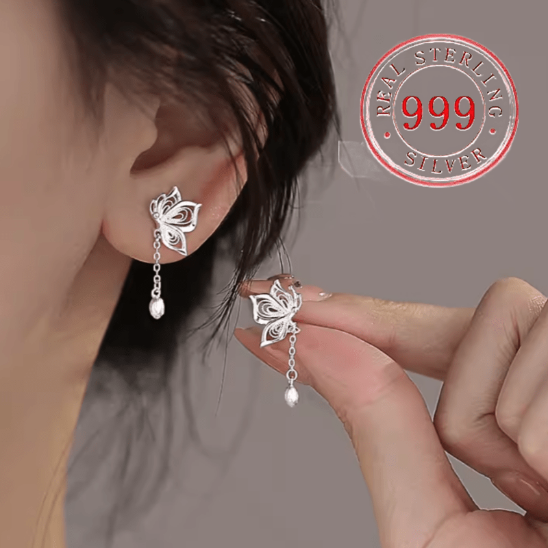 

(weight 1.81g/0.06oz) S999 Silver Tassel Hollow Butterfly Earrings For Girls Design, Small And Luxury New Chinese Earrings