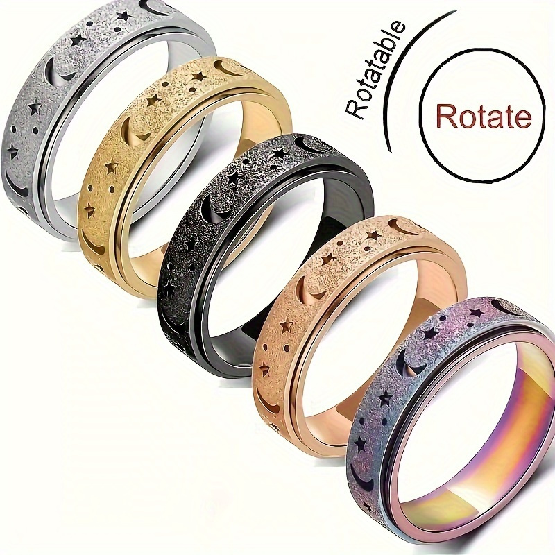 

5pcs/set Fashionable Tungsten Steel Rotatable Rings For Men - Moon And Star Design, Multiple Colors - Ideal For Daily Wear