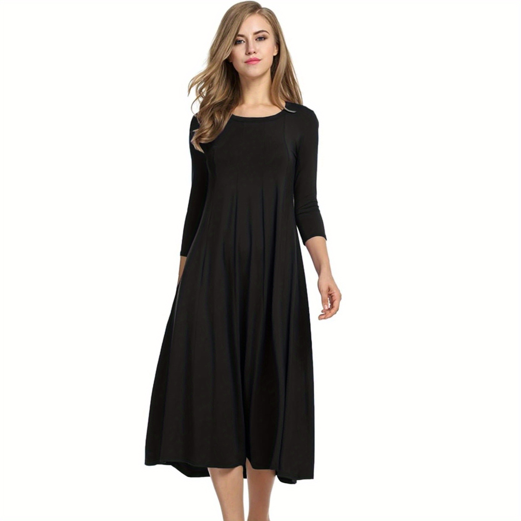 

Solid Color Crew Neck Midi Dress, Casual 3/4 Sleeve Loose Dress For Spring & Summer, Women's Clothing
