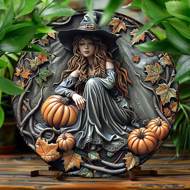 

Uv-resistant Waterproof Aluminum Metal Art Sign Set Of 1 - Halloween Witch And Pumpkins Theme 2d Decorative Hanging Wall Plaque For Kitchen, Office, And Coffee Shop Decor, 8-inch Round