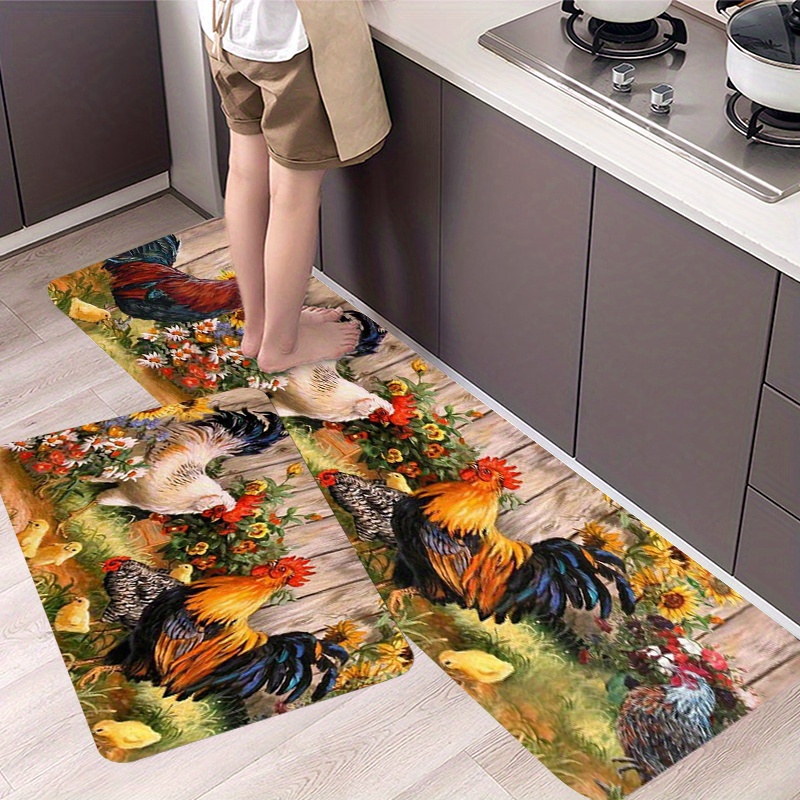 

Chic Rooster & Sunflower Kitchen Mat - Soft, Non-slip Polyester Rug For Home Decor, Kitchen & Bathroom