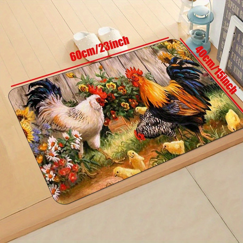 E-shop Moderne Küchen-Weichmatte mit -Hahn & Sonnenblumenmuster - 100% Polyester Maschinenwaschbare Dekorationsmatte für Küche, Badezimmer, Esszimmer