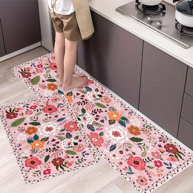

Chic Floral Kitchen Mat - Soft, Non-slip Polyester Rug For Home & Bathroom Decor, Machine Washable