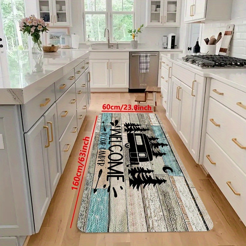 TEMU 1pc Modern Camping-themed Kitchen Floor Mat - Soft Polyester Mat With Pine Trees, Mountains & Design, "welcome Home" Print, Machine Washable For