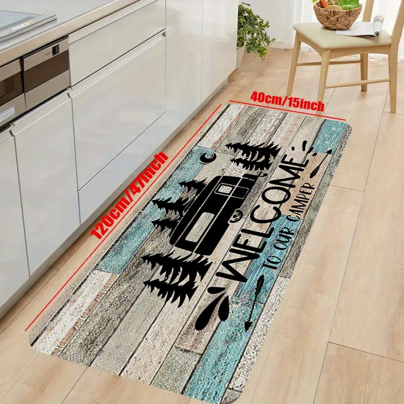 TEMU 1pc Alfombra de Cocina con Temática de - Tapete de Poliéster con Diseño de Árboles de Pino, Montañas y Caravana Vintage, Estampado " A CASA",