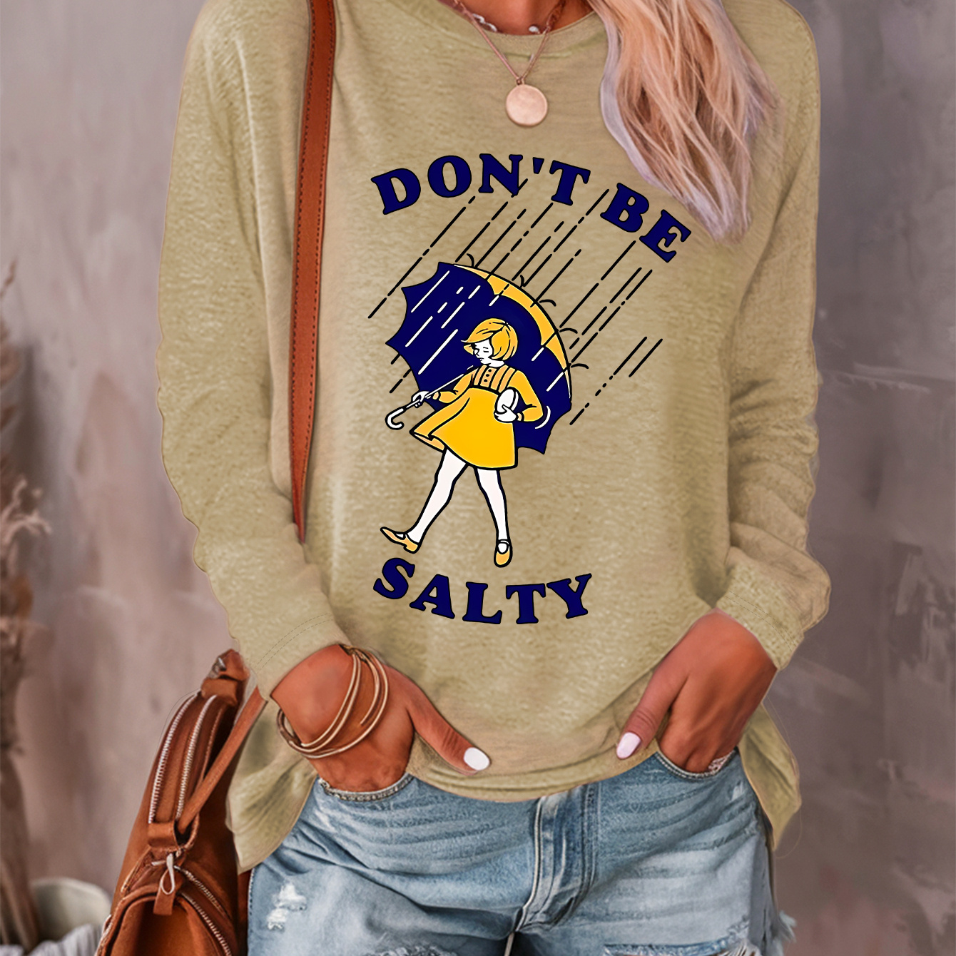 

Don't Be Salty Print T-shirt, Long Sleeve Crew Neck Casual Top For Spring & Fall, Women's Clothing