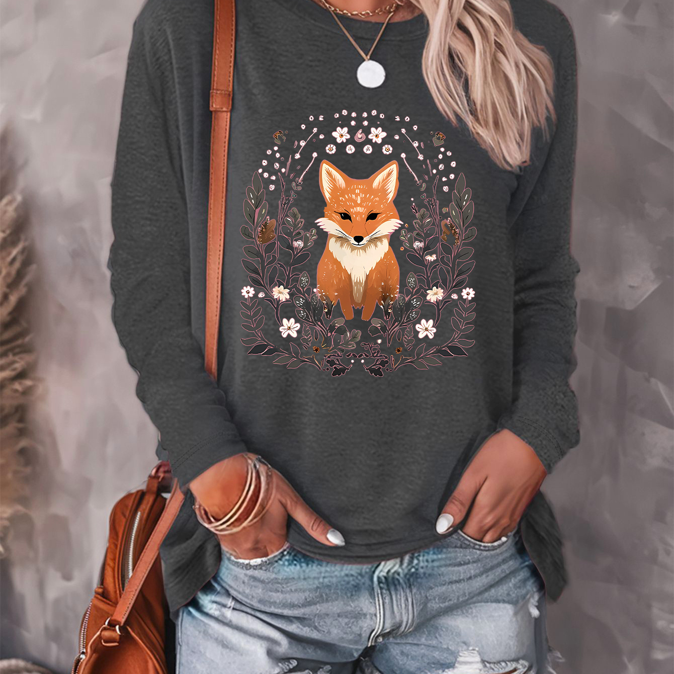 

Fox Print T-shirt, Long Sleeve Crew Neck Casual Top For Spring & Fall, Women's Clothing