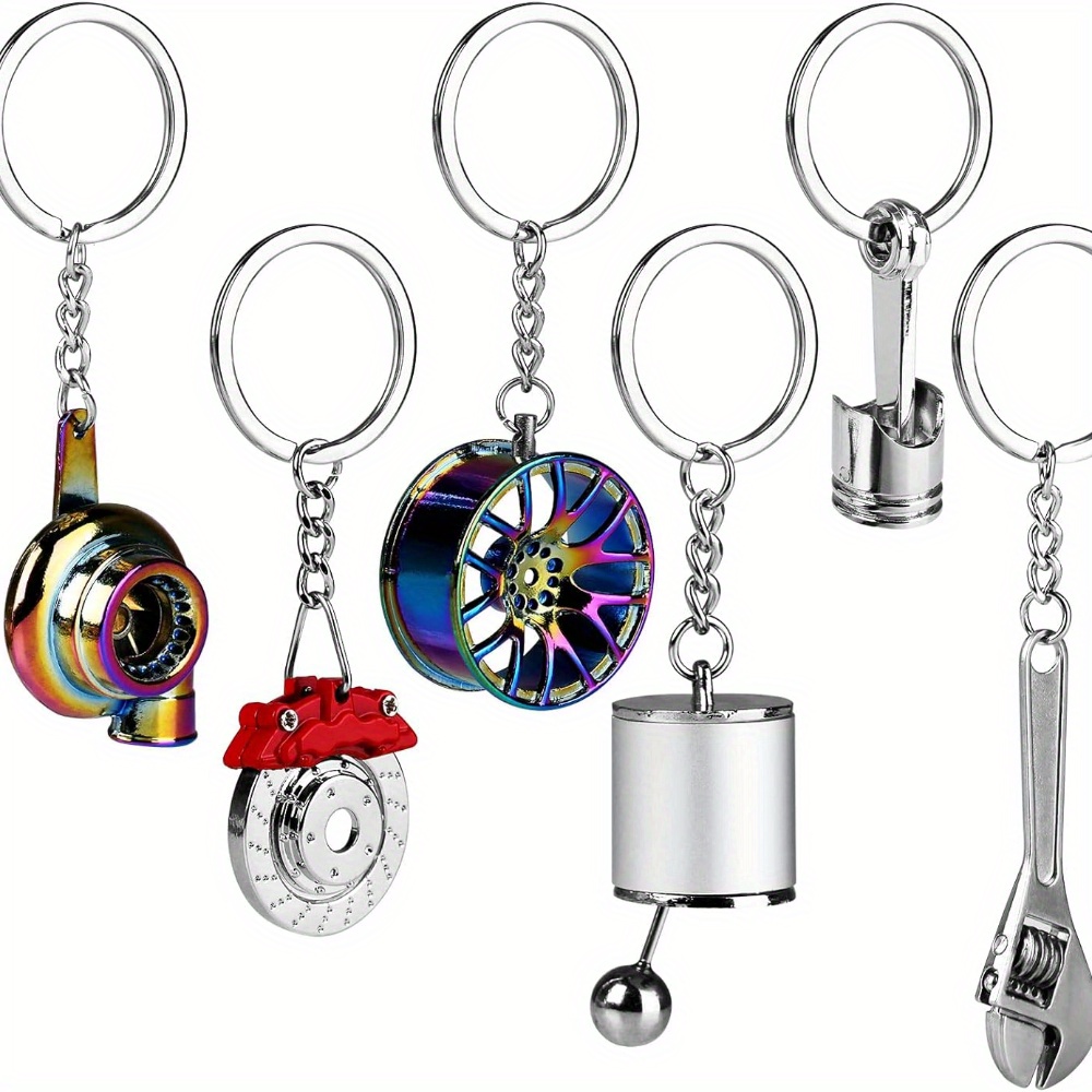 

6-piece Automotive Part Keychain Set - Zinc Alloy Car Parts Keyring Collection Featuring Turbo, Gear Box, Brake Rotor, Tire Rim, Engine Piston, Wrench Designs For Car Enthusiasts And Mechanic Gifts