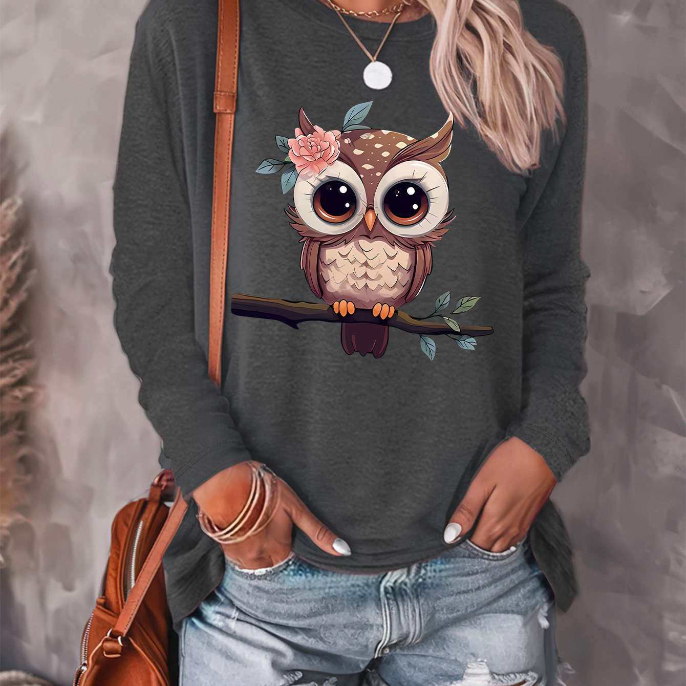 

Owl Print T-shirt, Long Sleeve Crew Neck Casual Top For Spring & Fall, Women's Clothing