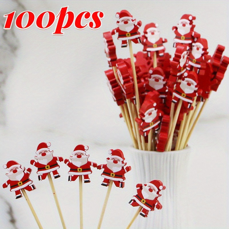 

100pcs Santa Claus Bamboo Skewers - Disposable Wooden Toothpicks For Christmas, Desserts & Fruit - Parties & Kitchen Accessories