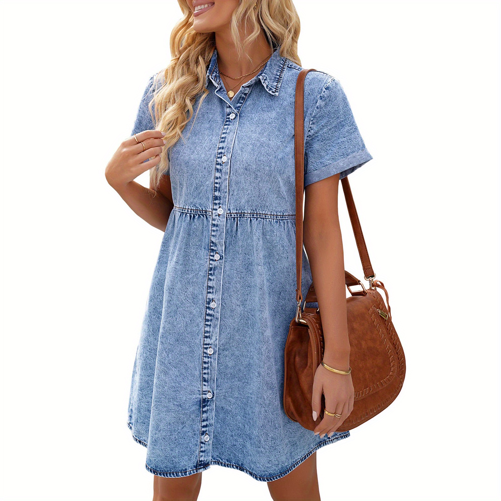 

Women Summer Denim Dress, Solid Color Lapel Short-sleeve Buttons Casual One-piece For Ladies, S/m/l/xl