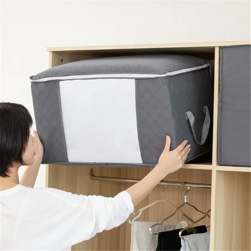 fabric storage bag for clothes and bedding large closet organizer with reinforced handle clear viewing window and robust zippers details 1