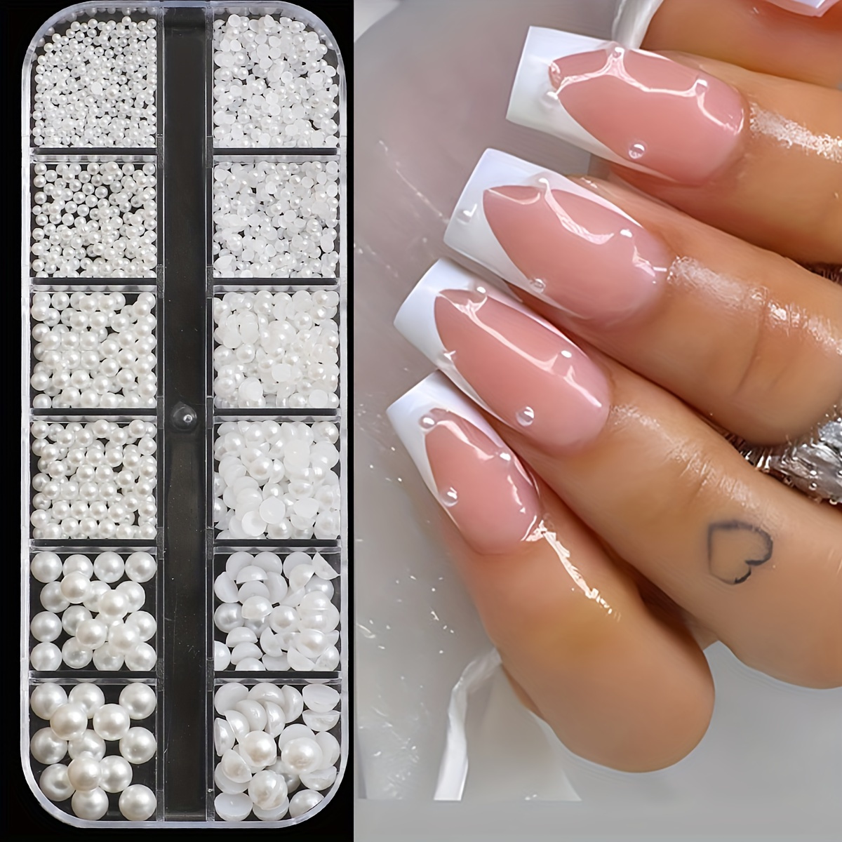 

12-grid Nail Art Pearls - Mixed Size Resin Half Round & Flatback Pearls For Diy Nails, Face & Clothing Embellishments, Unscented Decoration Supplies