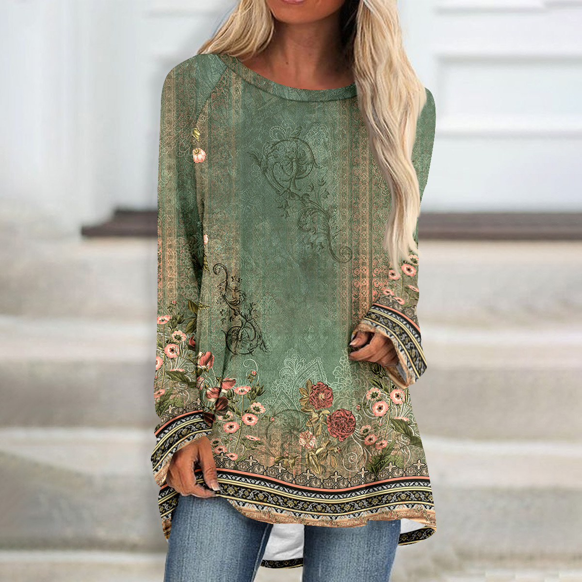 

Floral Print Crew Neck Tunics, Vintage Long Sleeve Midi Top For Spring & Fall, Women's Clothing