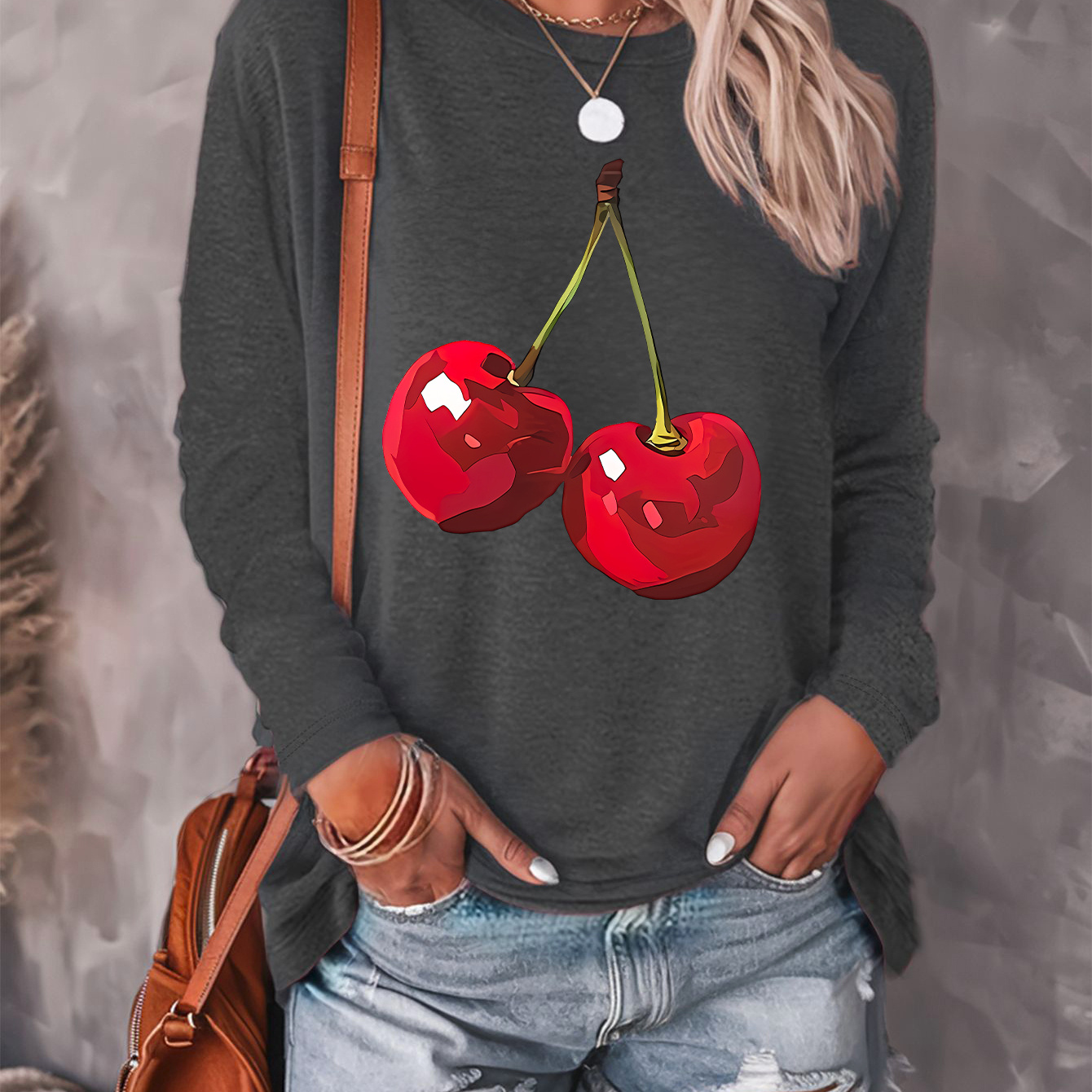 

Cherry Print Casual T-shirt, Crew Neck Long Sleeve Top For Spring & Fall, Women's Clothing