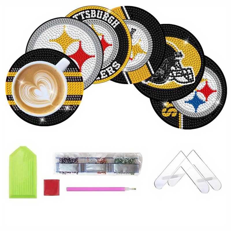 

6 Pcs Diamond Paintings Coasters Kits With Holder, Diy Football Diamond Art Coasters, Diamond Dot Kits For Pittsburgh Craft Gifts