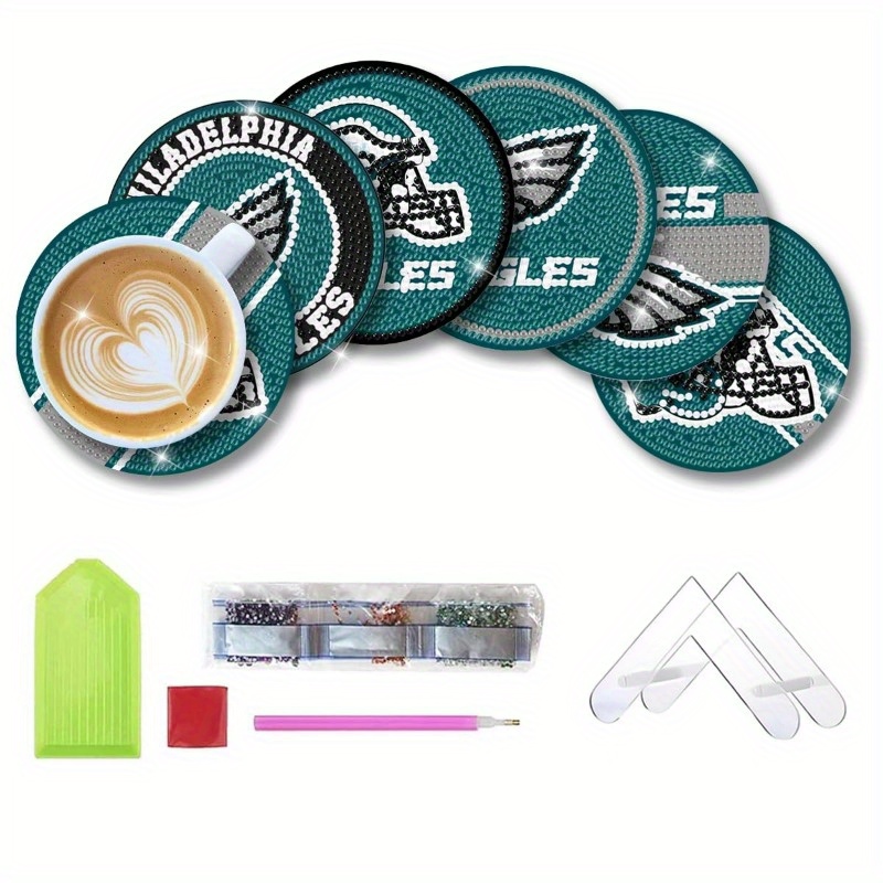 

6 Pcs Diamond Paintings Coasters Kits With Holder, Diy Football Diamond Art Coasters, Diamond Dot Kits For Philadelphia Craft Gifts
