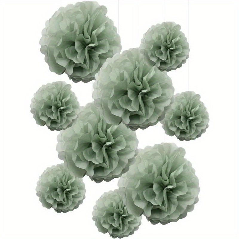 

9pcs Dusty Green Paper Pom Poms Set - Elegant Wall Hangings & Backdrop In Assorted Sizes (10" & 12") For Weddings, Gender Reveals, And Single Parties, Wedding Reception Decorations