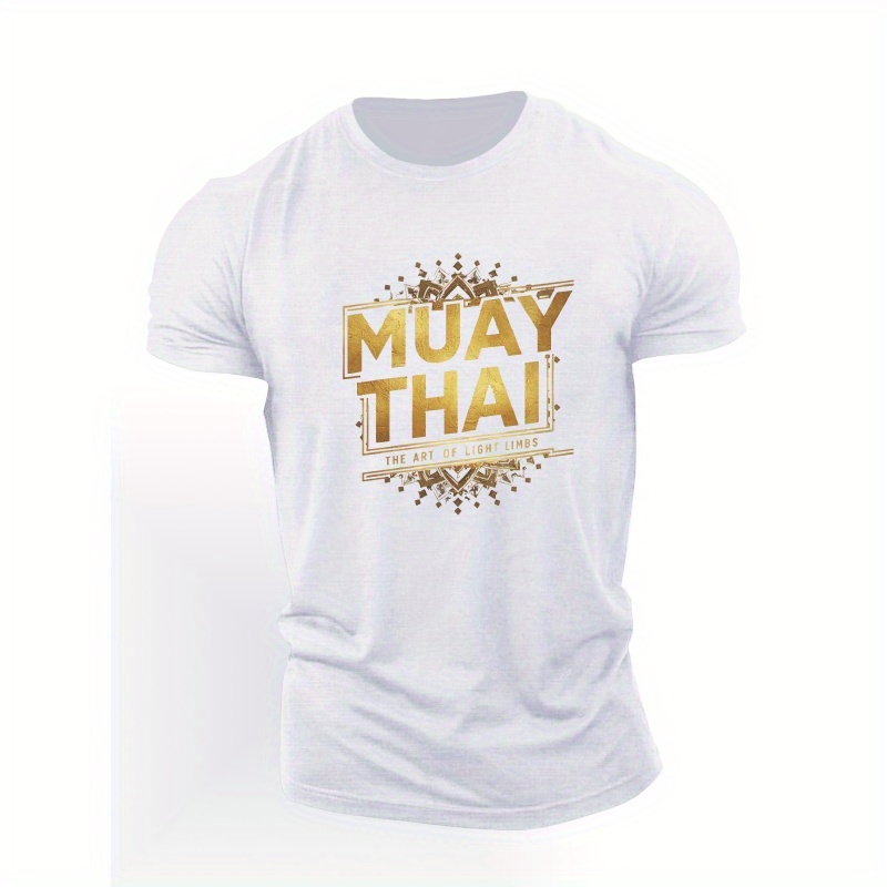 

Muay Thai Gold Print Short Sleeved T-shirt, Casual Comfy Versatile Tee Top, Men's Everyday Spring/summer Clothing