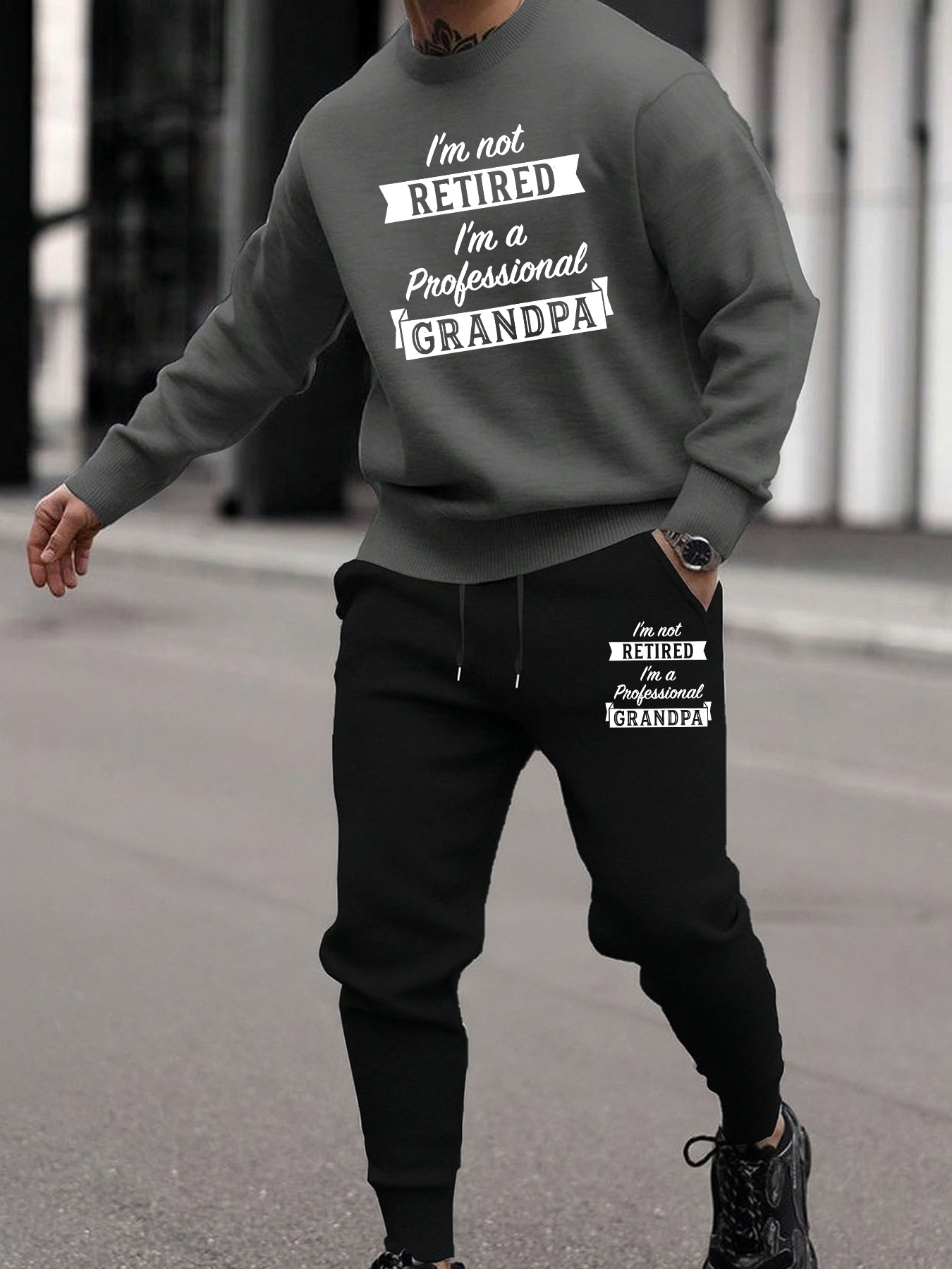 retired grandpa men' sporty outfit set - 2pcs casual crew