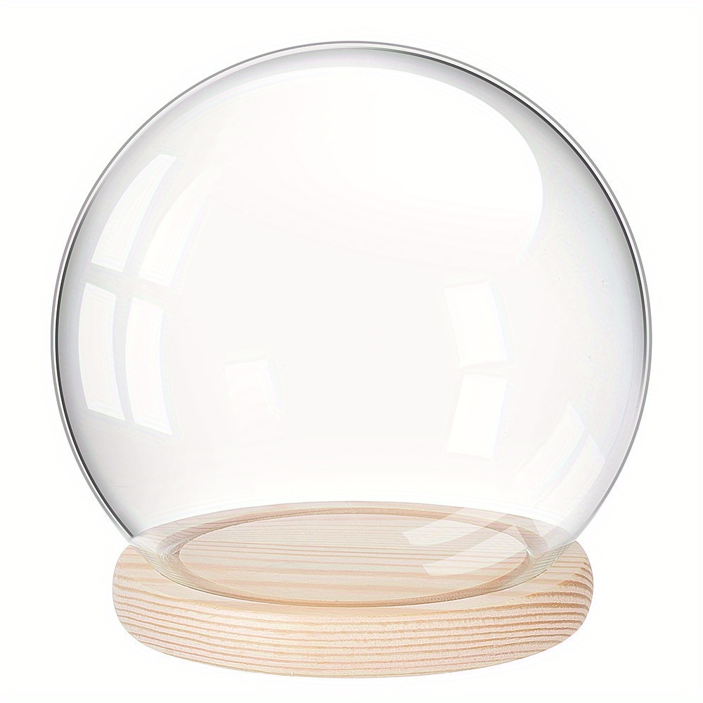 Image of 1pc Round Glass Dome Cover Decorative Display Case Cloche Bell Jar Terrarium With Wood Base Clear 155x145mm