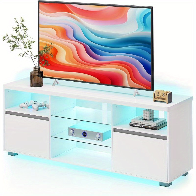 

Stand With Led Lights 70 Inch, Entertainment Center With Open Glass Shelves, 2 Cabinets With Doors, 63 Long, For Bedroom Living Room
