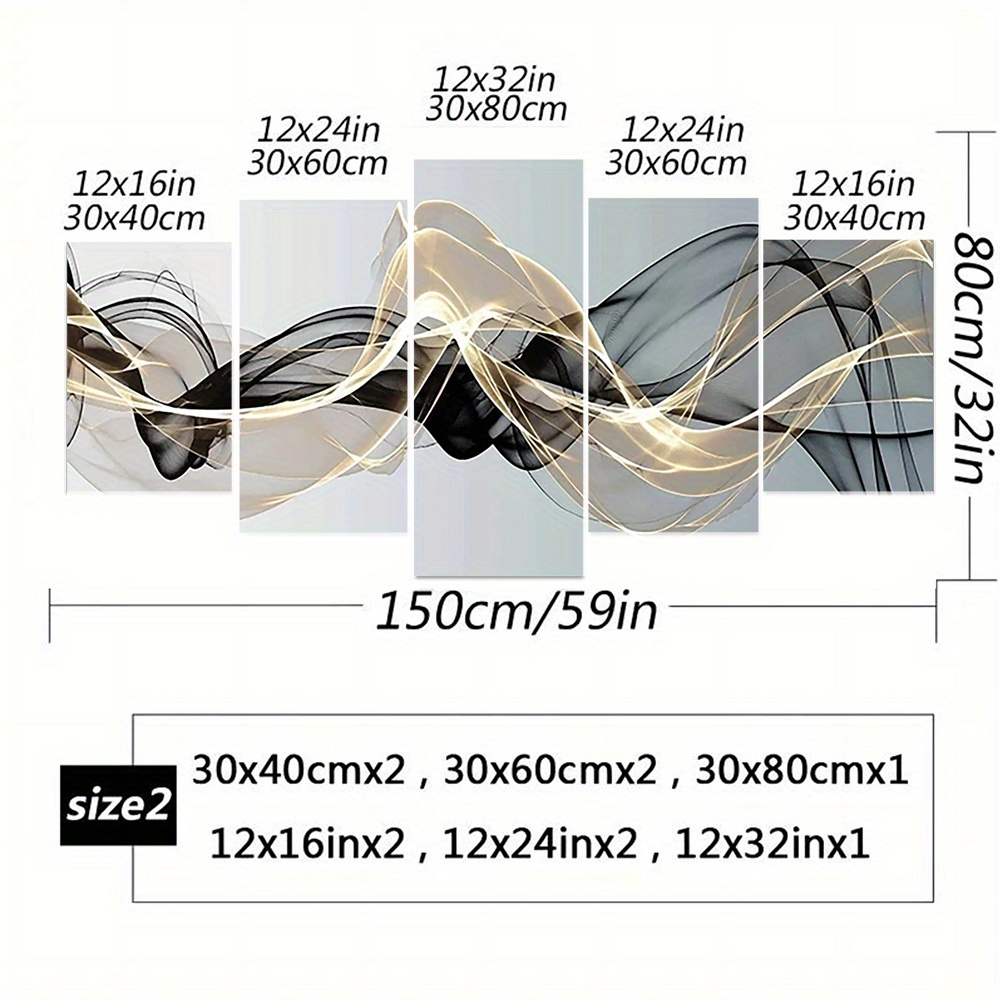 TEMU 2d Flat, 2d Flat, Set Of 5 Framed Wall Art Prints Featuring Black And Golden Lines, Abstract Ribbon Designs On Canvas For Home Decoration,