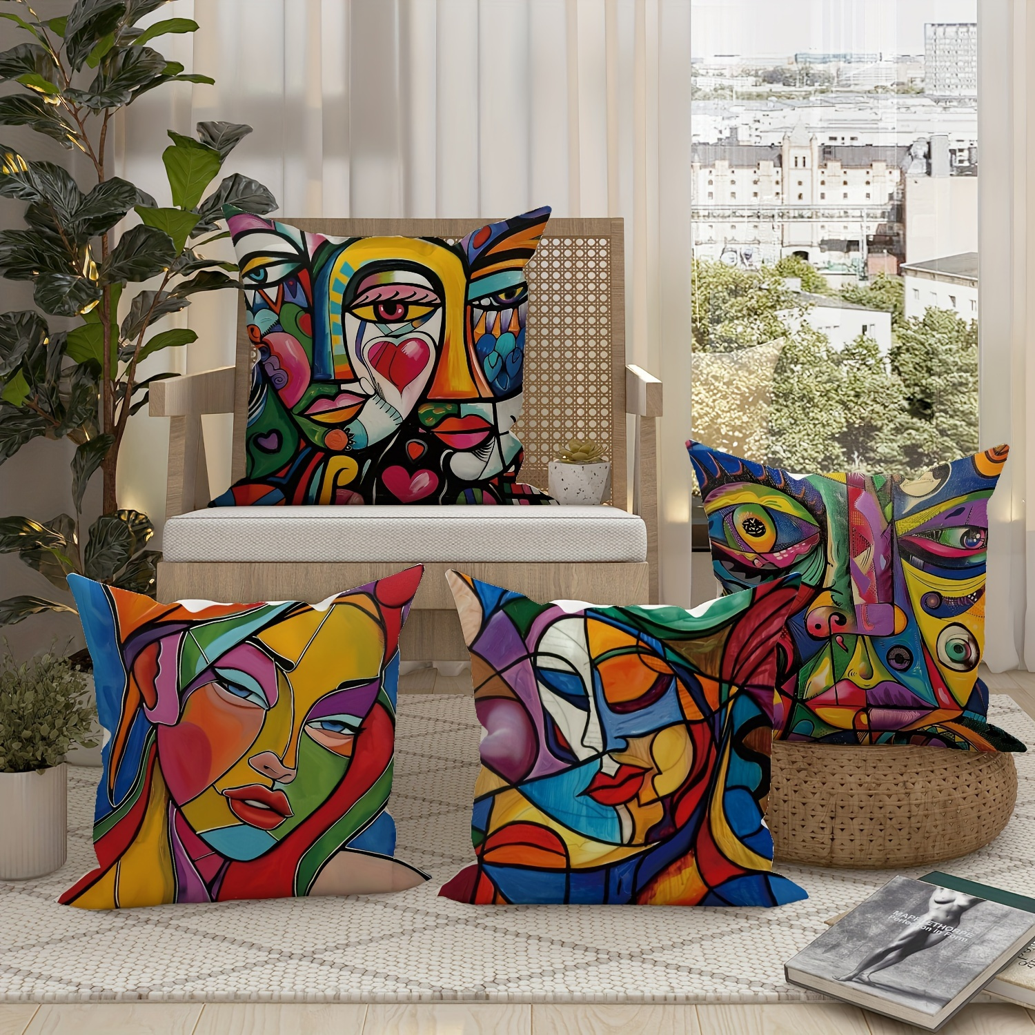 

4pcs, Geometric Woman Face Yellow Blue Red Polyester Pillow Covers, Vintage Abstract Art Throw Pillow Covers, Decorative Cushion Covers 45×45cm/18 "x18", For Living Room, Bedroom, Sofa Bed Decoration