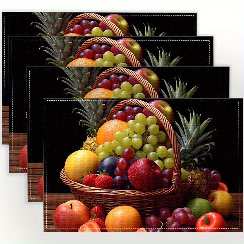 

4pcs Fashionable Fruit-themed Linen Placemats, Non-slip & Heat Resistant, Machine Washable, Rectangular Table Mats For Dining & Kitchen Decor, Ideal For Parties & Holidays