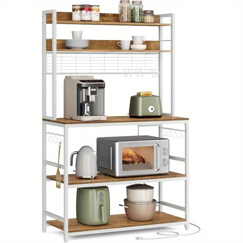 

Hutch Bakers Rack With Power Outlet, 14 Hooks Microwave Stand, Adjustable Coffee Bar With Metal Wire Panel, Kitchen Storage Shelf, 15. 7 X 39. 4 X 66. 9 Inches