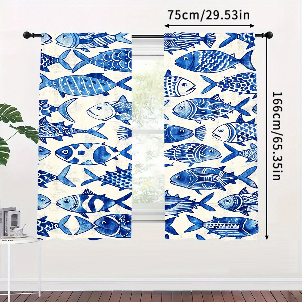 TEMU 2pz Tende con Motivo Pesce Blu | Design della Vita Marina Disegnato a | Tende in Poliestere Semi-Trasparenti per Soggiorno & Camera da Letto |