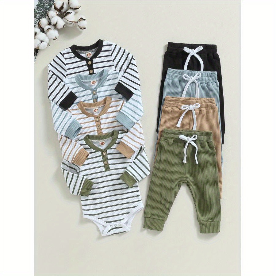 

Baby Boy 2pcs Fall Casual Outfits Long Sleeve Striped Romper + Pants Set Infant Warm Clothes