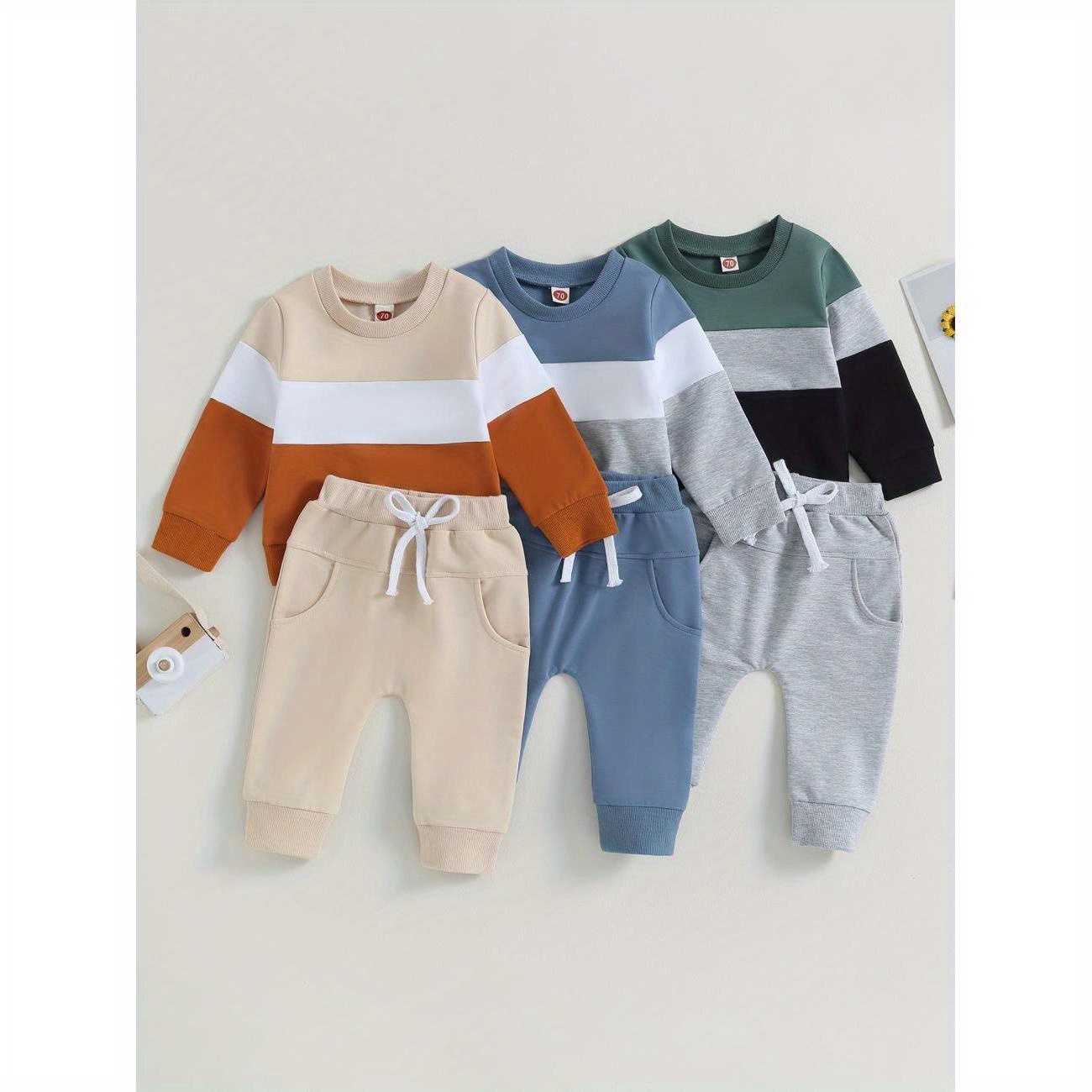 

Toddler Baby Boys Spring 2pcs Casual Outfits Contrast Color Long Sleeve Round Neck Sweatshirt And Elastic Pants For Fall Clothes