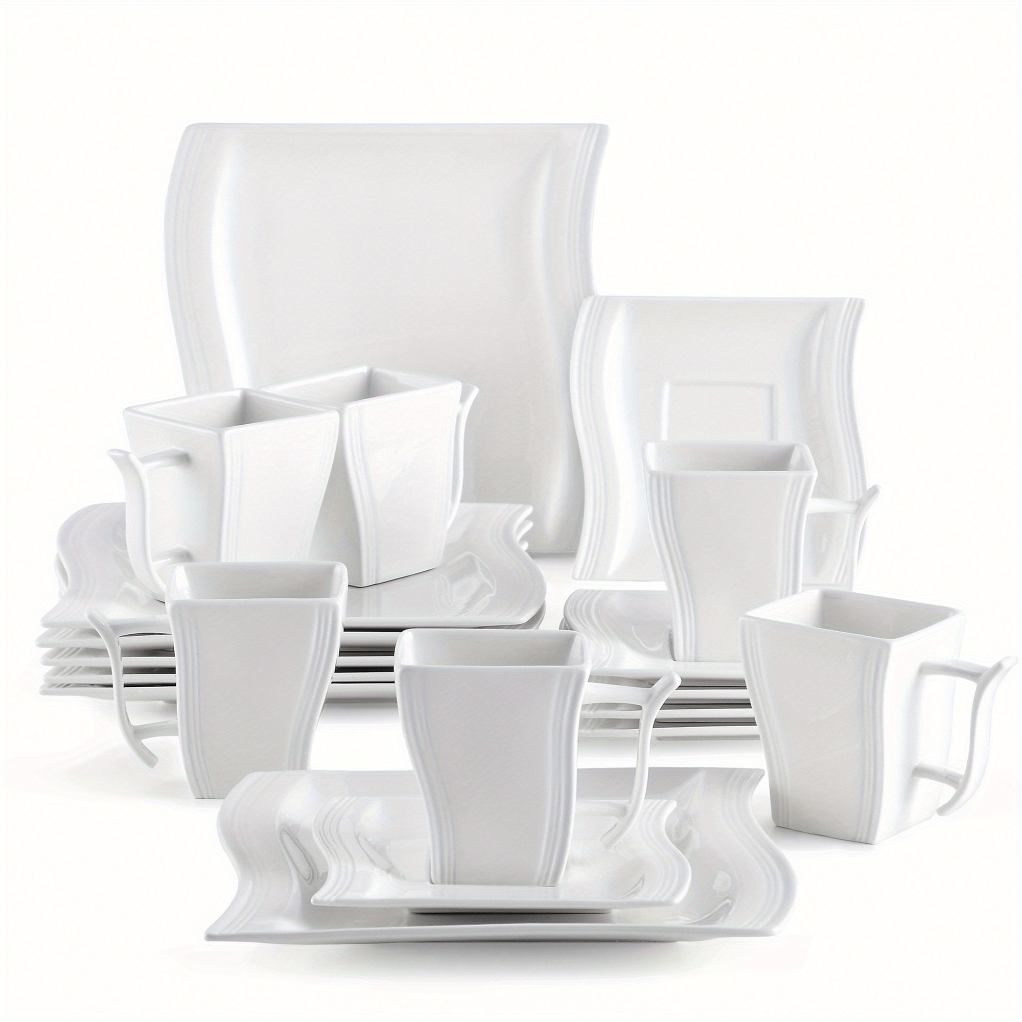 E-shop 18-tlg. Kaffeeservice cremeweißes Porzellan Geschirrset mit 6 Kuchentellern, 6 Tassen 220ml, 6 Untertassen für 6 Personen