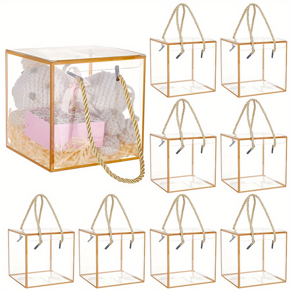 

10-pack Golden Transparent Pvc Gift Boxes With Polyester Cord Handles, 4.72" Clear Square Display Cases For Storage & Presentation