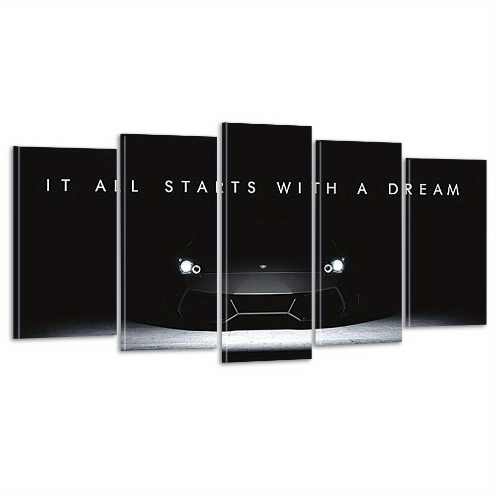 

5pcs Framed 'it All Starts With A Dream' Inspirational Quote Canvas Wall Art Set - Modern Supercar & Landscape Prints For Living Room, Bedroom, Office Decor