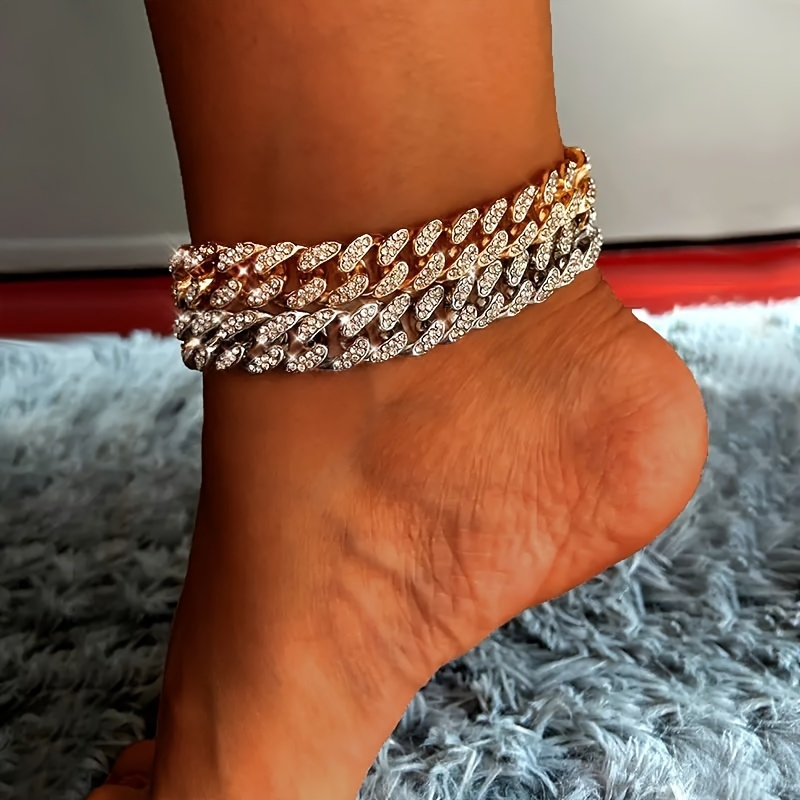 

Cuban Link Anklet - With Water Diamonds, Featuring A Of Golden And Silvery Dual-color Chains, A Unisex Hip-hop Rock Style Foot Accessory - Comes With A Gift Box, Suitable For