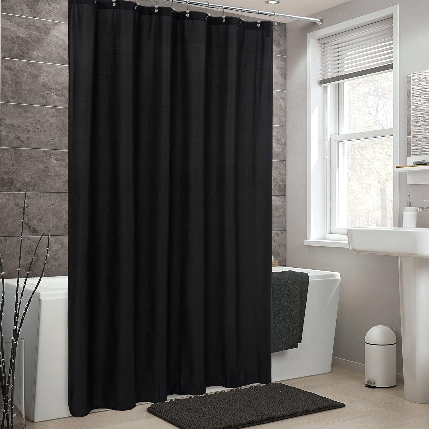 TEMU 1pc Water-resistant Polyester Blend Shower Curtain, 60"x72" With Grommets And 12 Hooks, Machine Washable, Fashion Bathroom Decor, Plain Weave, 90gsm