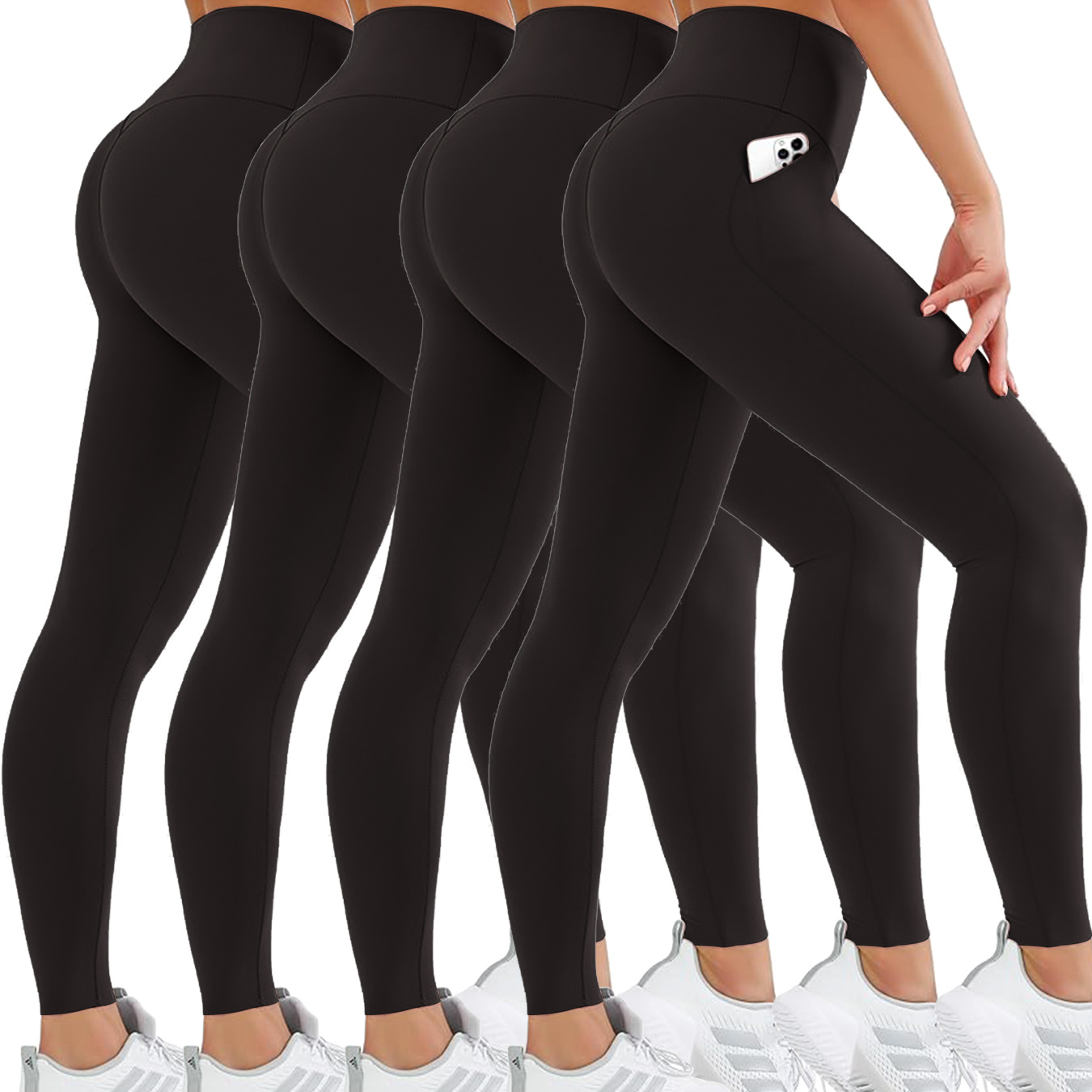 

4pcs High Waisted Shapewear Pants With Pockets, Solid Color Leggings, Knit Fabric, Nylon 92% Elastane 8%, Mature Style, All , Leggings|sleek | Leggings