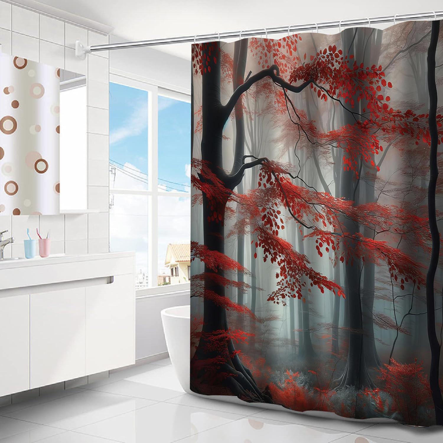 

Autumn Forest Misty Trees Red Leaves Waterproof Shower Curtain - 1pc Knit Fabric Polyester Bath Curtain With Grommets - Machine Washable Easy Clean Home Bathroom Decor Accessory