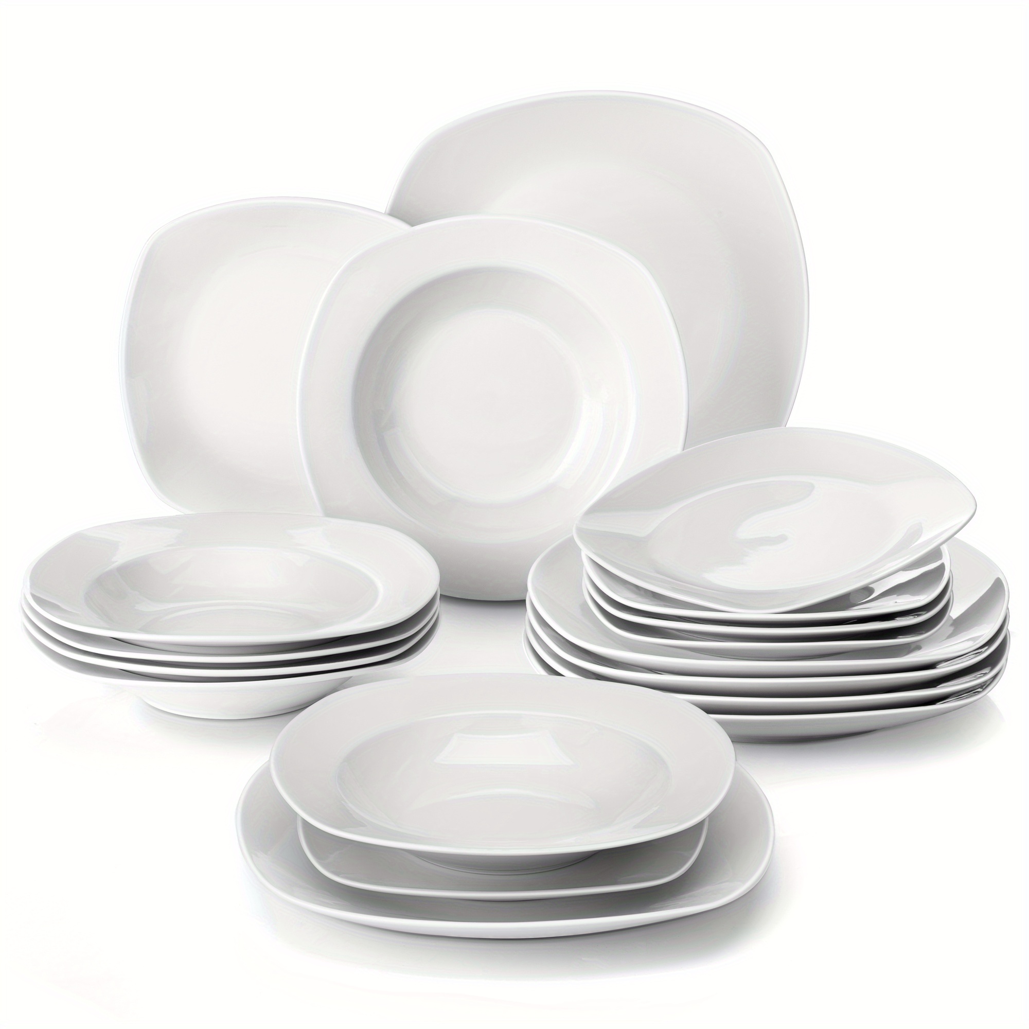 E-shop 18-teiliges Teller-Set mit 6 Teller (Dinnerplate/Suppeplatte/Dessertplatte), hellgraues weißes Porzellan Geschirr-Set für 6 Personen