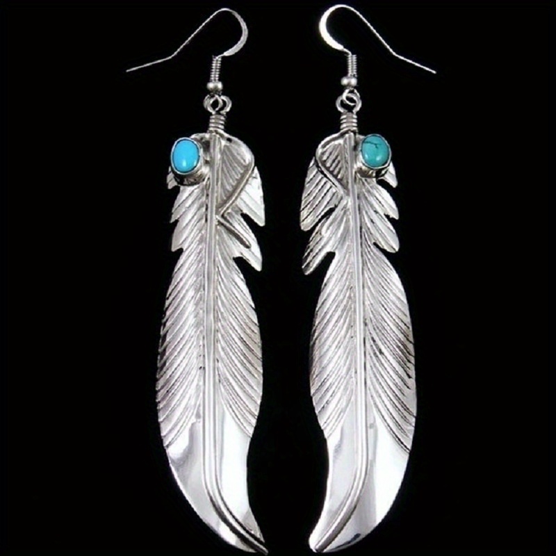 

Retro Minimalist Style With Turquoise Feather Shaped Drop, Hook Earrings, Jewelry Gift 1 Pair