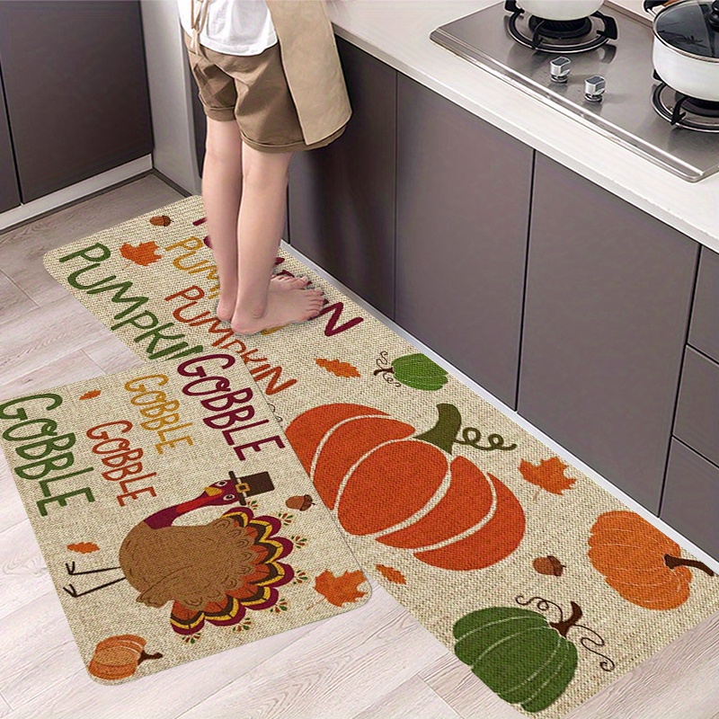 

Thanksgiving Kitchen Floor Mat, 1pc Soft Polyester With Turkey And Pumpkin Pattern, Machine Washable, Ideal For Home And Bathroom Decor